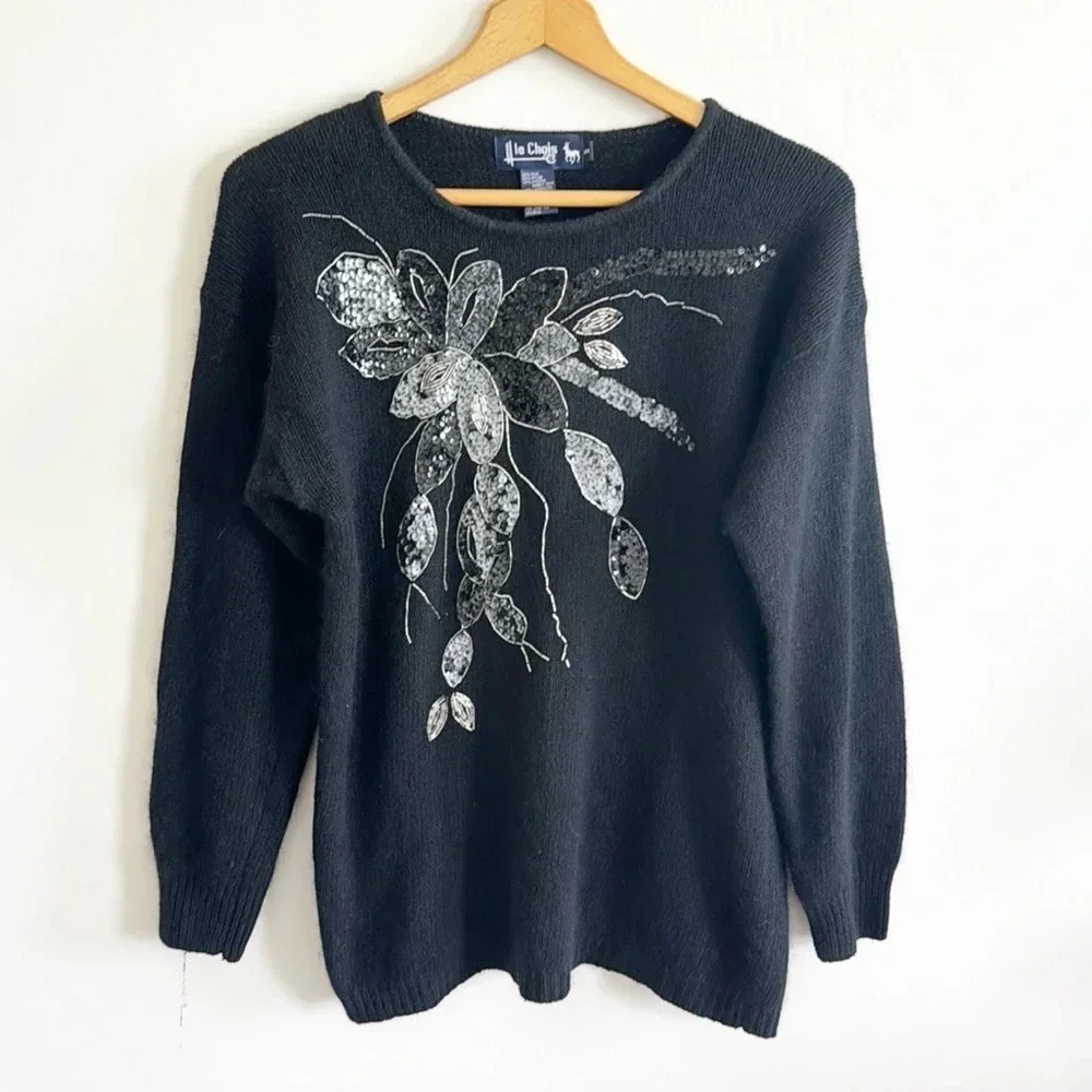 Vintage 90s Le Chois black sequin silk/angora soft long sleeve sweater size S
